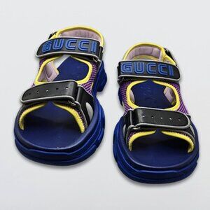 Gucci X SEGA Aguru Pull Sandals Technical Canvas Calfskin Mesh Multicolour NIB